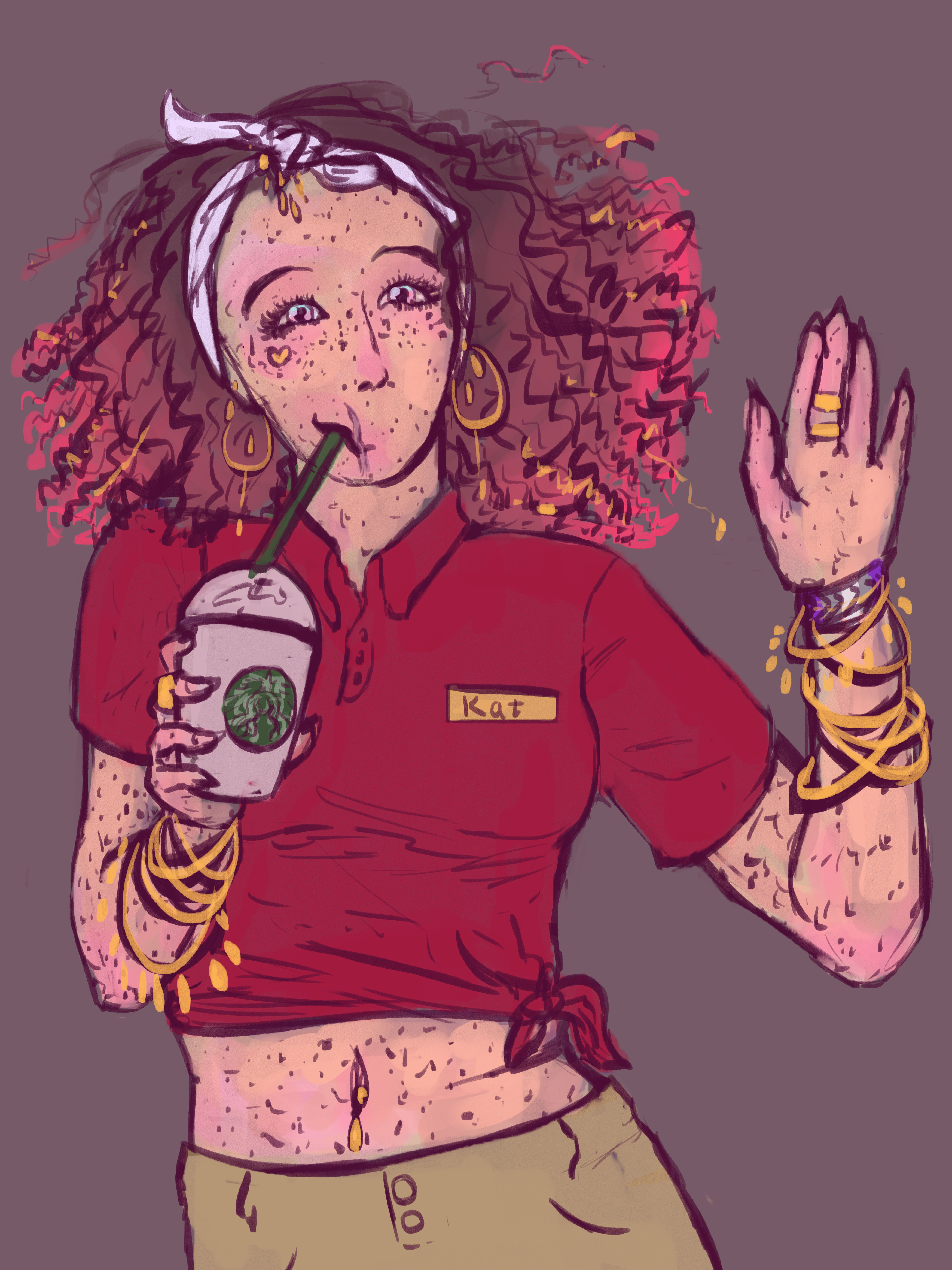 A human version of Kat waving happily and sipping a drink