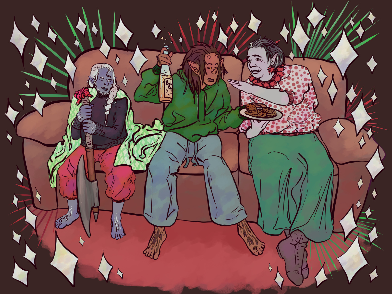 My friends dungeons and dragons characters all hanging out on a couch